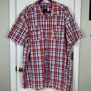 G&B red/white/blue/orange plaid short sleeved button down shirt size 3X. Pockets